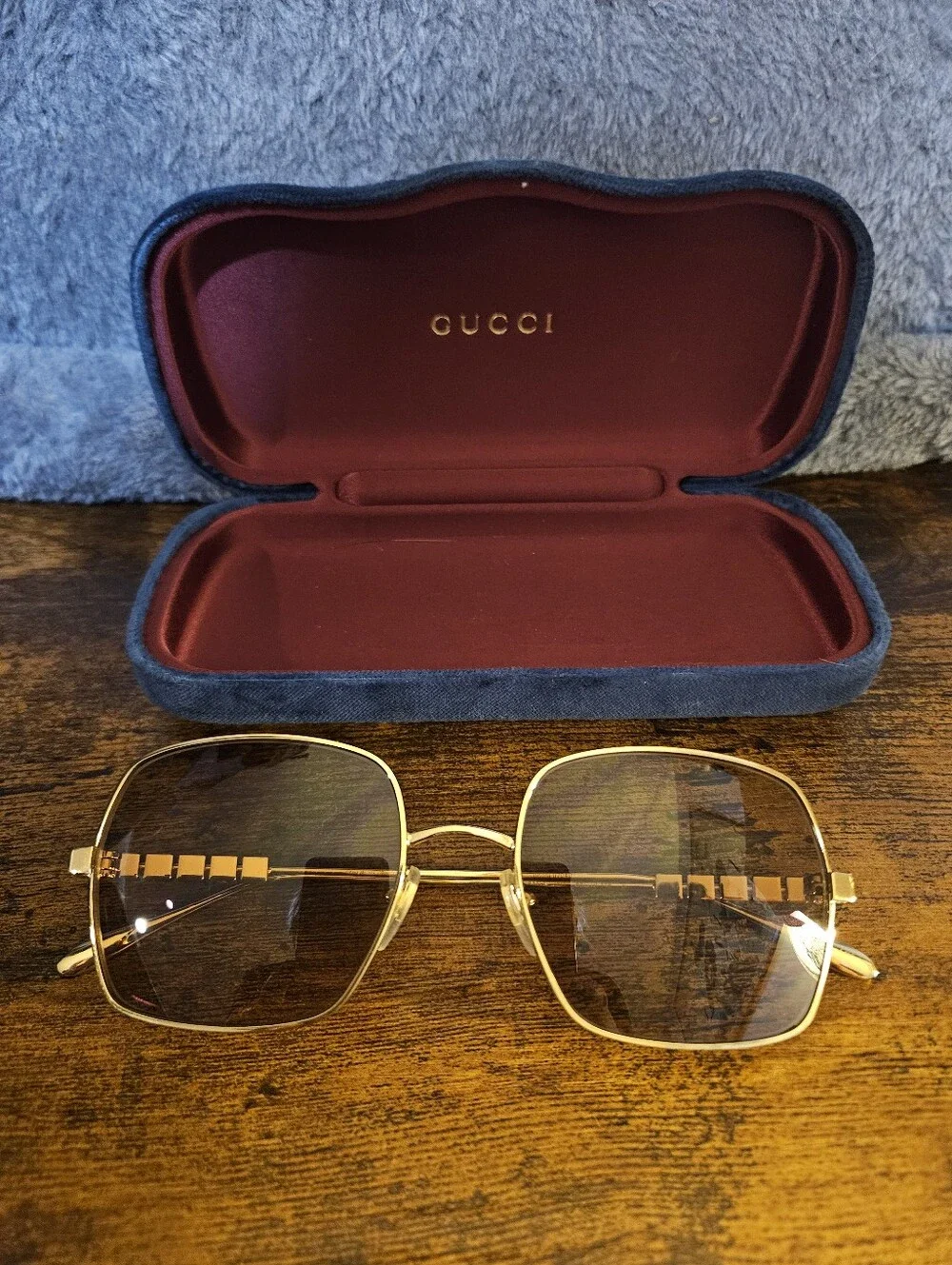 Gucci Gold Square Metal Frame Sunglasses with Tinted Lenses